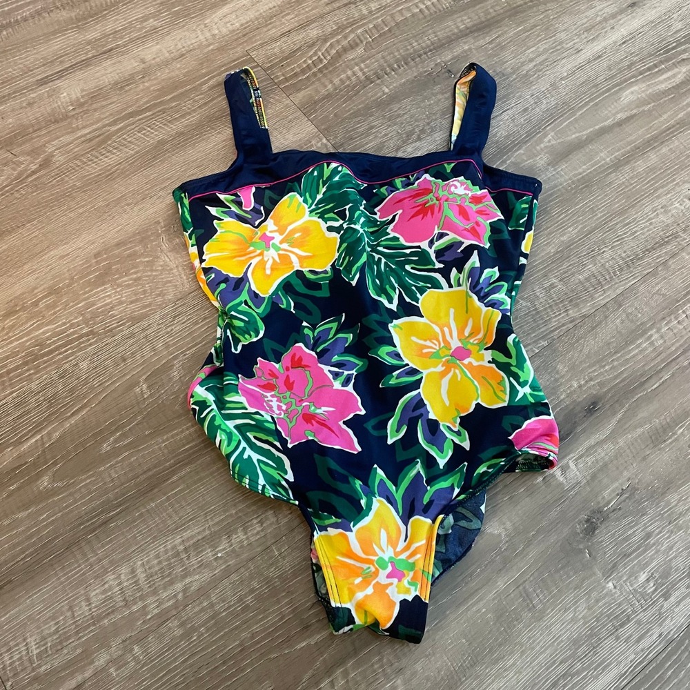 Maillot Baltex Womens One Piece Swimsuit Size 14 C/D Navy Floral Nylon Vintage